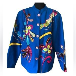Vintage Allure Royal Blue Applique Jacket Blazer Art To Wear Vibrant Colors XL